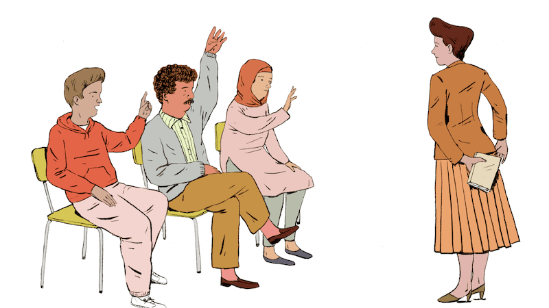 An illustration of adults asking questions