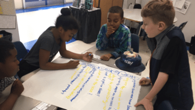 Young students standing around a table asking and writing down questions.